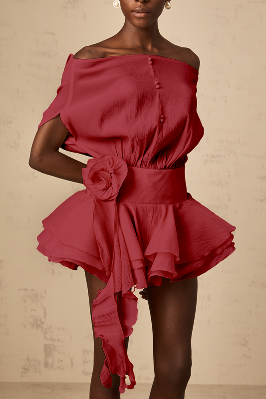 Amélie Red Floral Appliqué Flounced Mini Dress