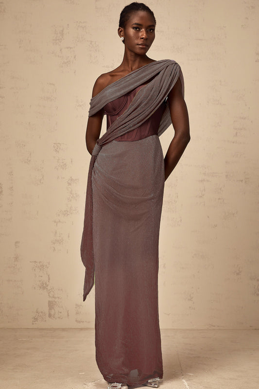 Delphine ribbon-design corset maxi dress in Brown