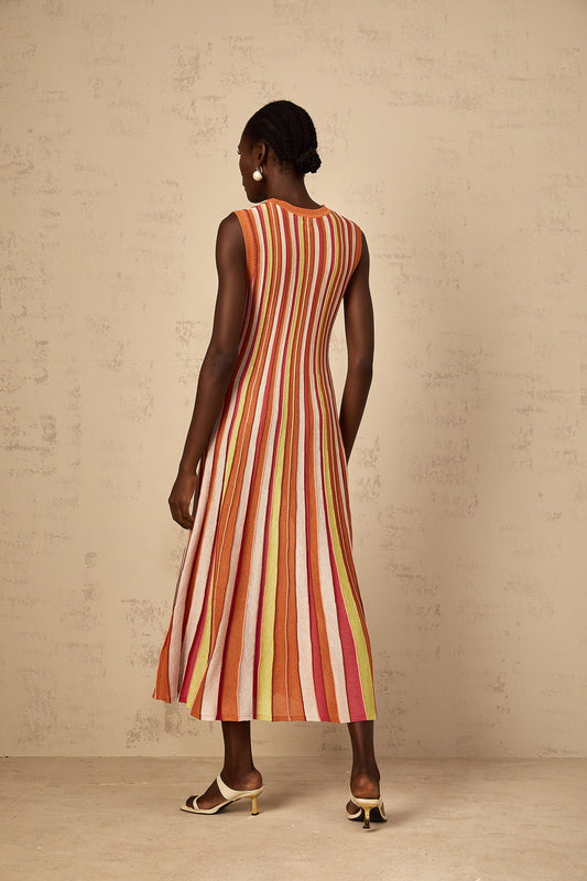 Abriana Orange Vertical Striped Knit Midi Dress