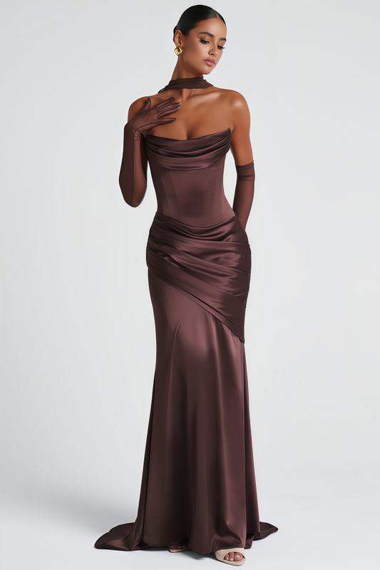 Marilou Brown Ruched Satin Maxi Dress