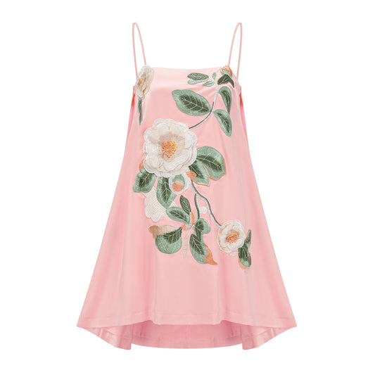 Avril Pink Floral Embroidered Satin Mini Dress
