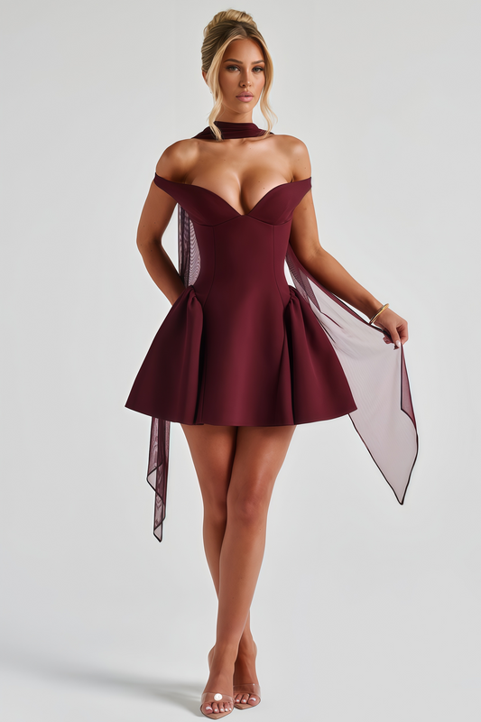 Ifig Burgundy V-neck Corset Mini Dress