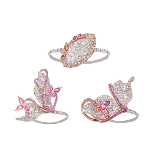 Scintillement Pink Crystal Embellished Sterling Silver Ring Set (3 Pieces)