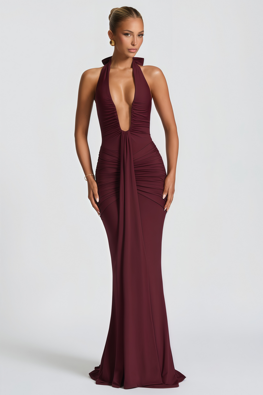 Aiglantine Burgundy Halterneck Ruched Maxi Dress