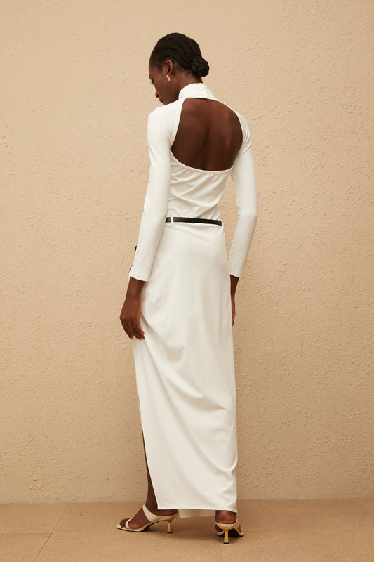 Zephyrine White Gathered Open-Back Maxi Dress