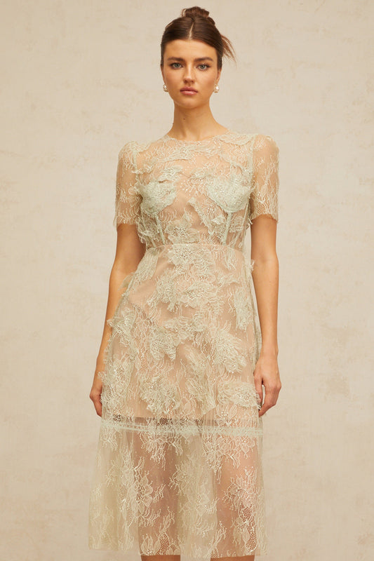 Xaviera mint-green floral-lace midi dress