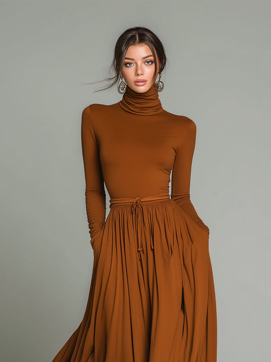 Women's Brown Elegant Stretch Polyester-Cotton Blend Turtleneck Belted Maxi Dress MDA1652J1I