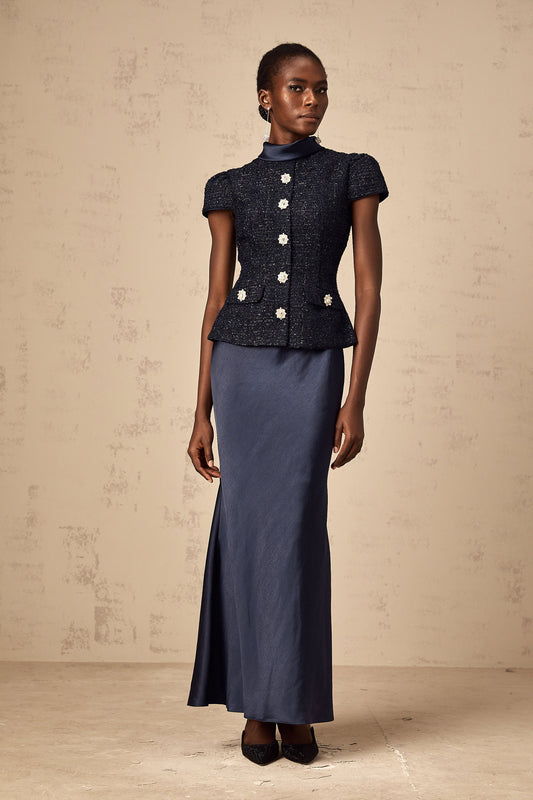 Josette blue peplum-waist panelled maxi dress