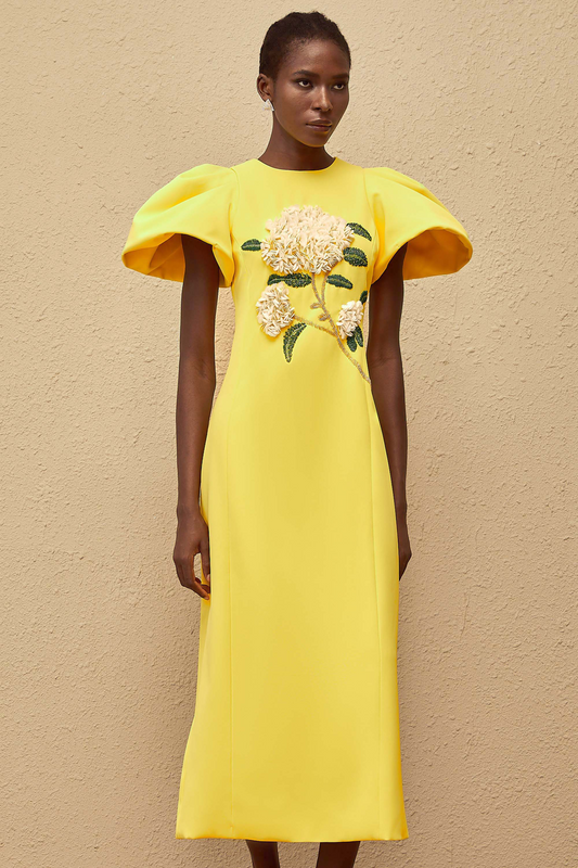 Yrjö Yellow Floral Embroidered Midi Dress
