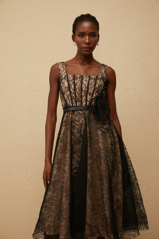 Sandrine Black Floral Lace Midi Dress