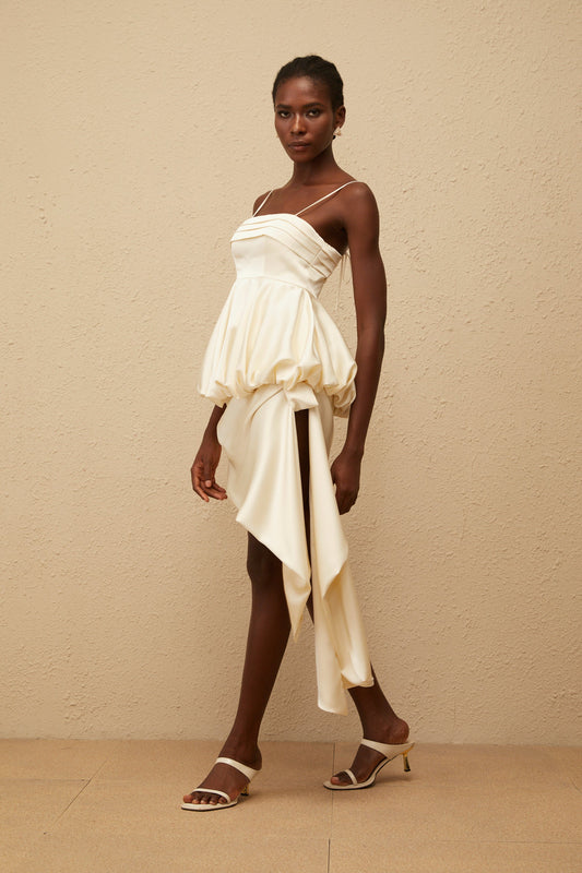 Opale Neutral Asymmetrical Satin Mini Dress