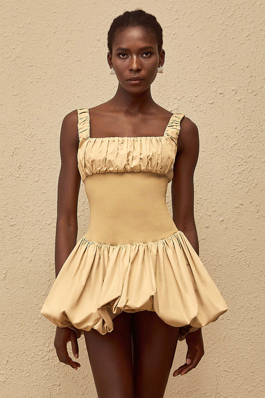 Sandrine Khaki Shirred Bubble Hem Mini Dress