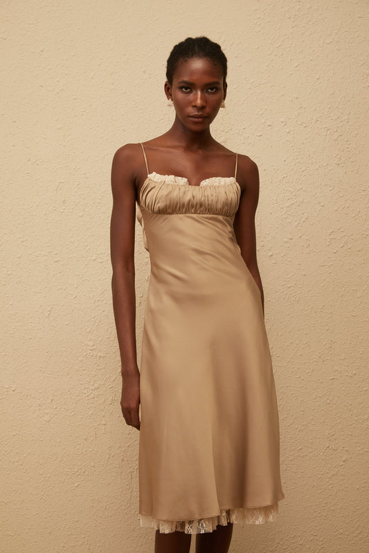 Ananias Khaki Lace Panel Satin Midi Dress