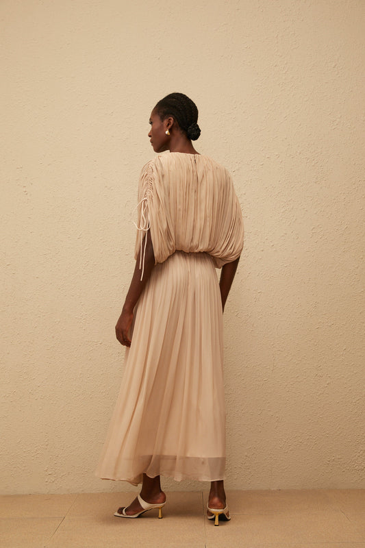 Charitina Neutral Fully Pleated Blouse & Skirt Set