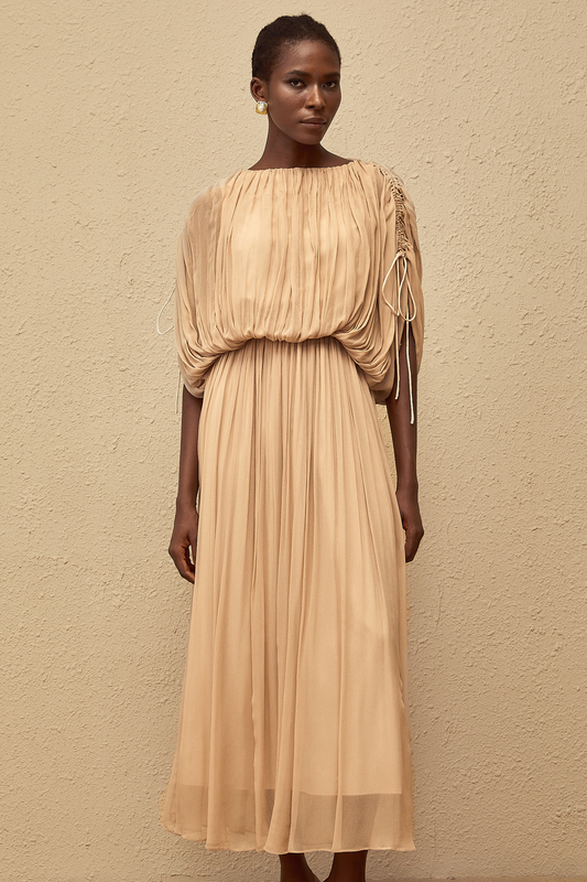 Charitina Neutral Fully Pleated Blouse & Skirt Set