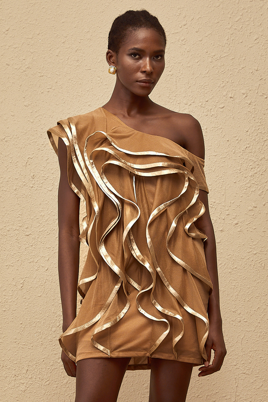 Alchimie Brown Ruffled Tulle Mini Dress