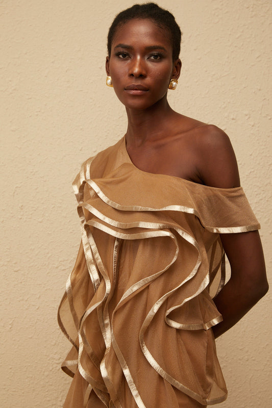 Alchimie Brown Ruffled Tulle Mini Dress