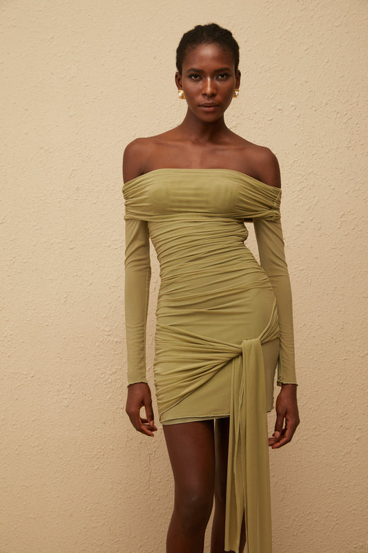 Sylphe Green Ruched Mesh Mini Dress