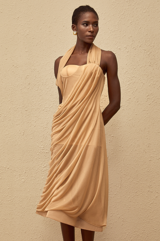 Mielikki Khaki Asymmetrical Tulle Panel Midi Dress