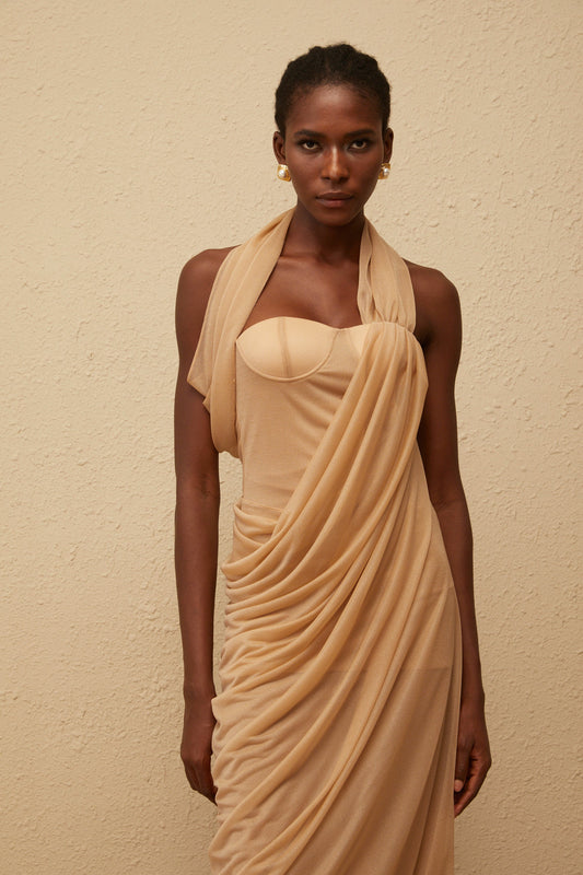 Mielikki Khaki Asymmetrical Tulle Panel Midi Dress