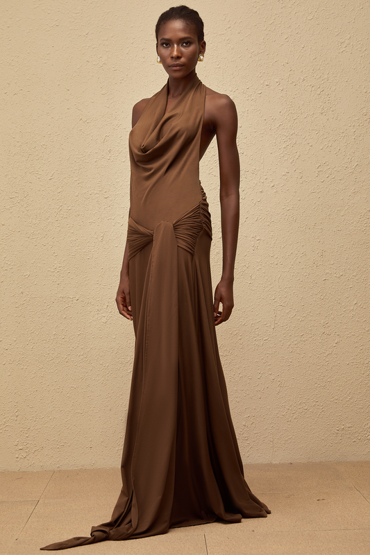 Minna Brown Halterneck Twisted Maxi Dress