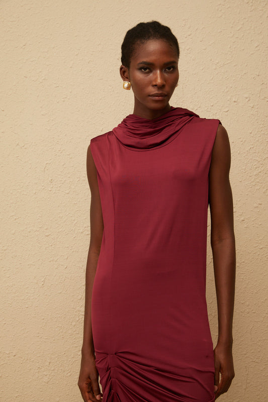 Aino Red Hooded Ruched Mini Dress