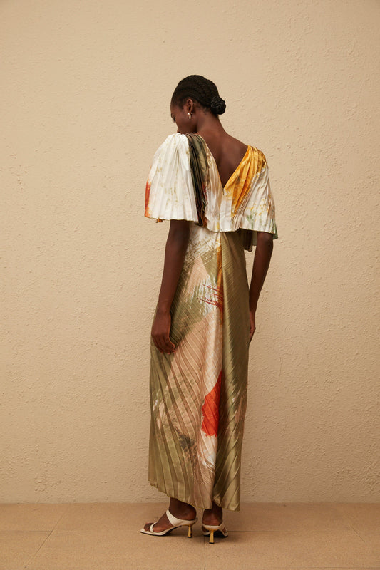 Giulia Green Smudged Graffiti Satin Maxi Dress