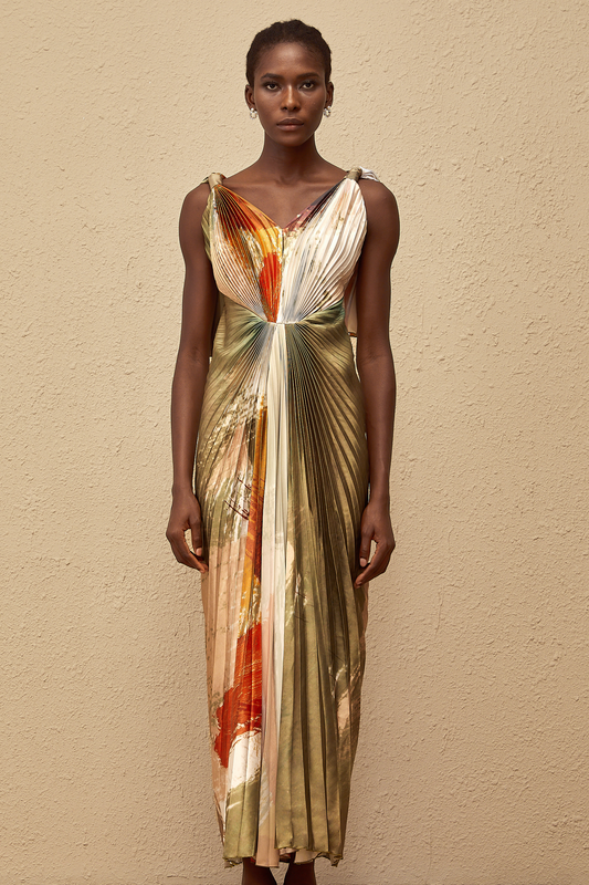 Giulia Green Smudged Graffiti Satin Maxi Dress