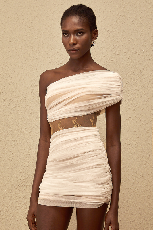 Ophélie White Ruched Tulle Mini Dress