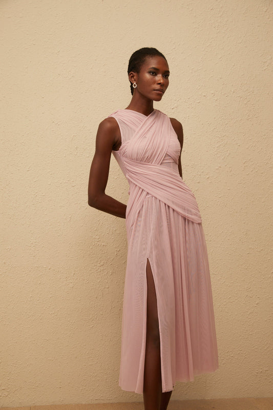 Sérénité Lilac Cross-Over Mesh Midi Dress