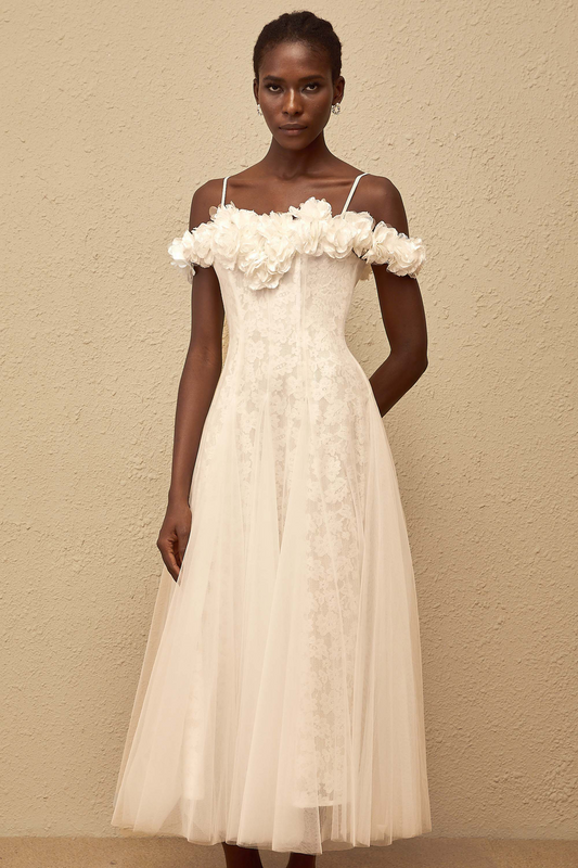 Athena White Floral Appliqué Tulle Maxi Dress