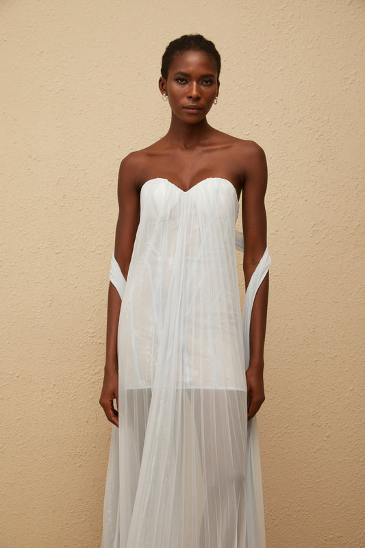 Monique Light Blue Pleated Mesh Maxi Dress