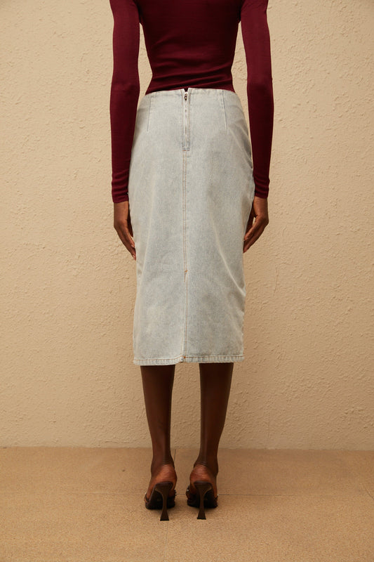 Zélie Blue Floral Appliqué Denim Midi Skirt