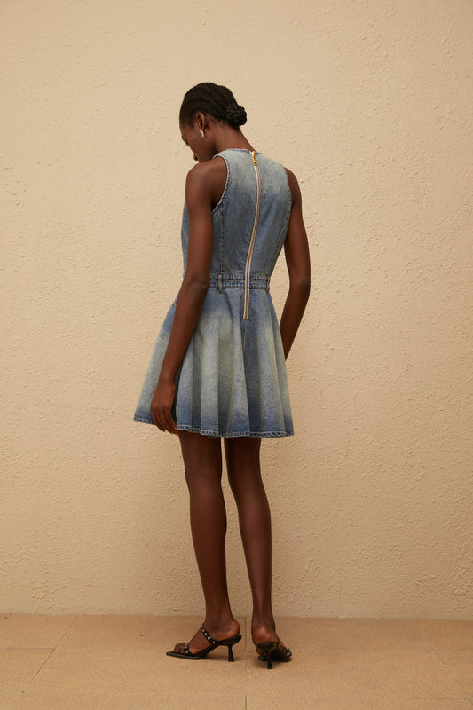 Gunnel Blue Faded Effect Denim Mini Dress