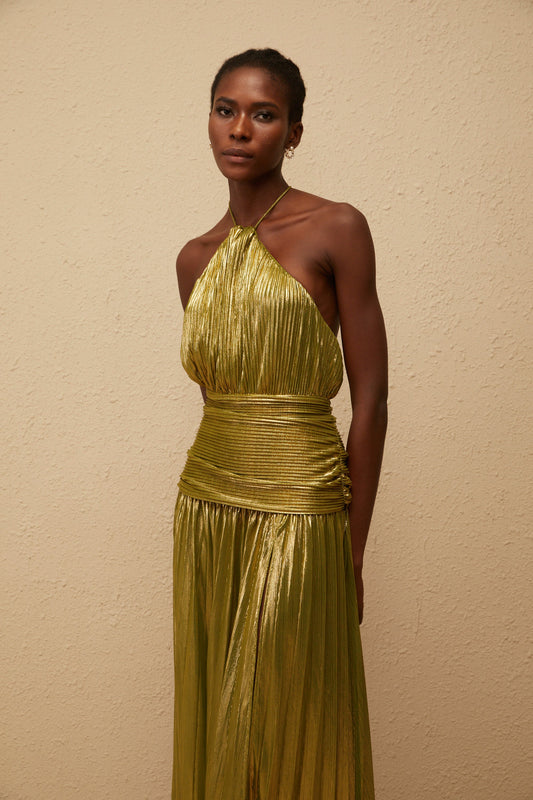 Alchimie Green Glossy Pleated Maxi Dress
