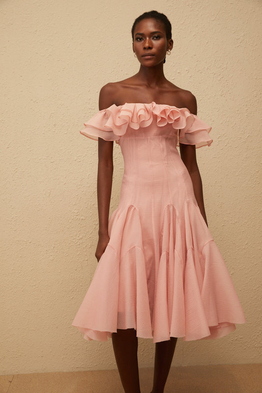 Margarita Pink Godet Ruffled Midi Dress