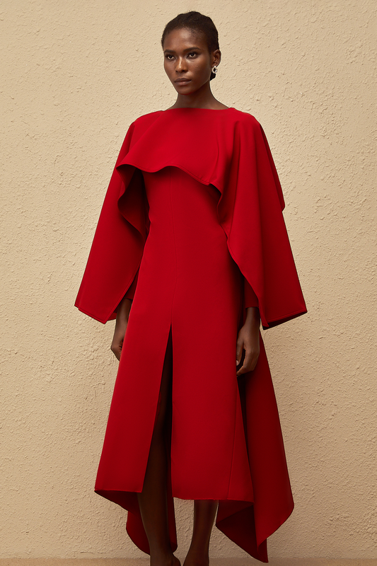 Solène Red Asymmetrical Cape Design Midi Dress