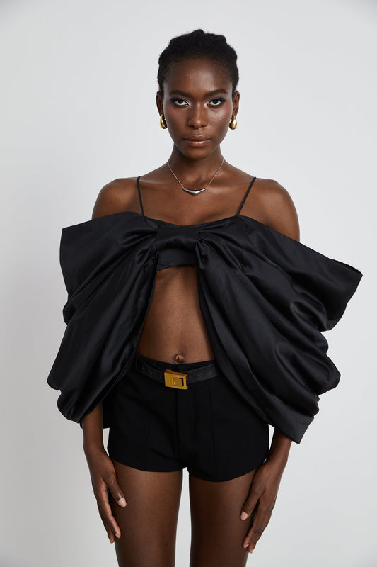 Solène bowknot scoop-back top in Black