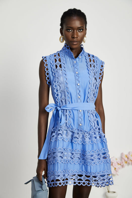 Mireille Blue Cut-out Belted Mini Dress