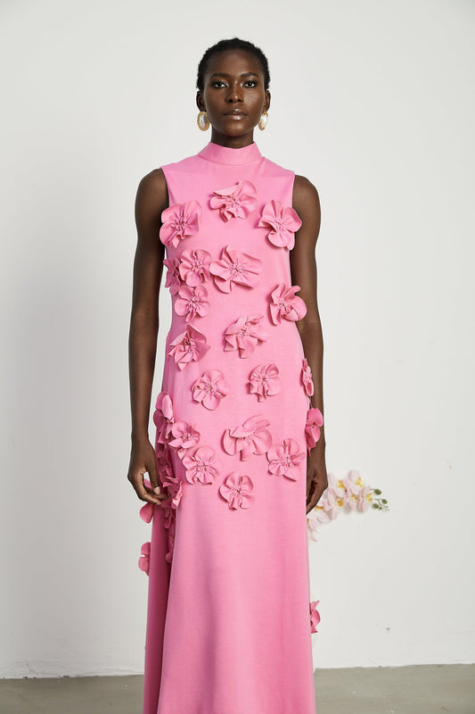 Magali Pink Sleeveless Maxi Dress with Faux Flower & Bow-Tie Embellishment