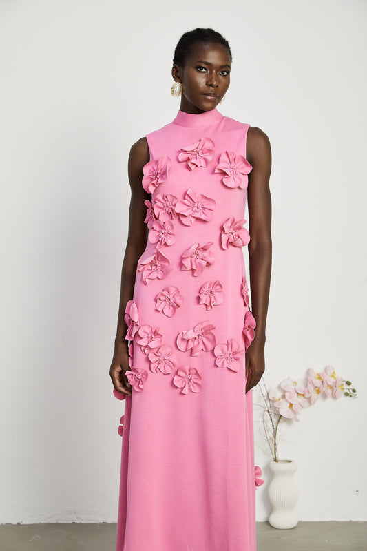 Magali Pink Sleeveless Maxi Dress with Faux Flower & Bow-Tie Embellishment