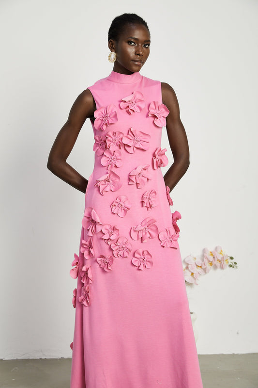 Magali Pink Sleeveless Maxi Dress with Faux Flower & Bow-Tie Embellishment