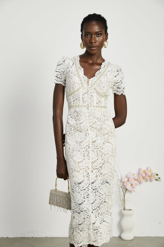 Kalena embellished lace midi dress