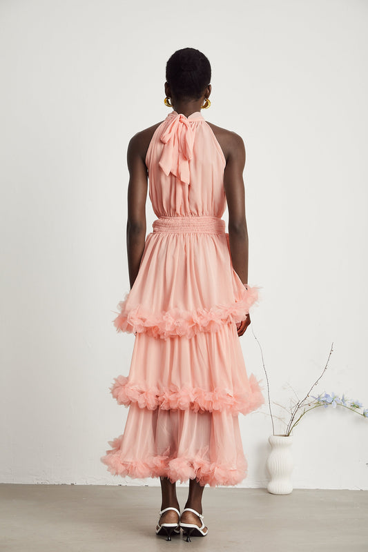 Micah pink 3D-petal tiered midi dress