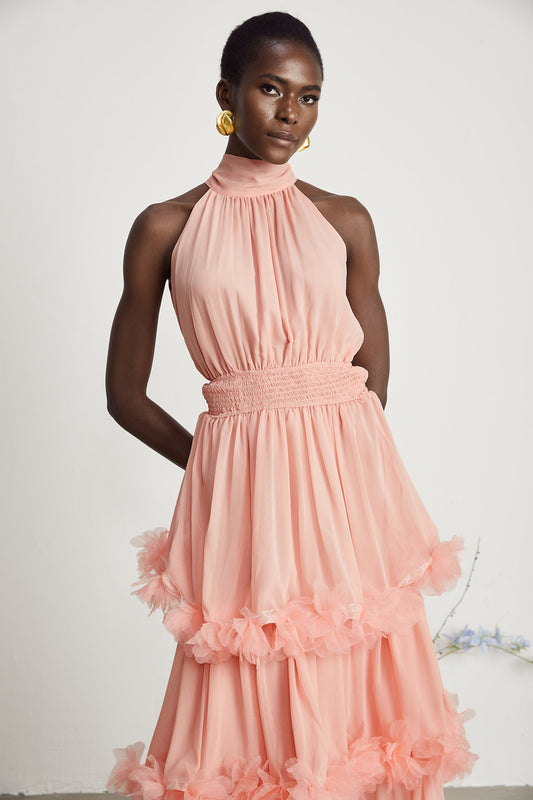 Micah pink 3D-petal tiered midi dress