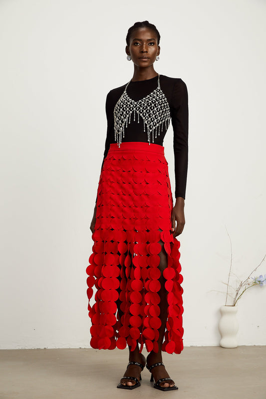 Hanna disc-design fringed maxi skirt in Red