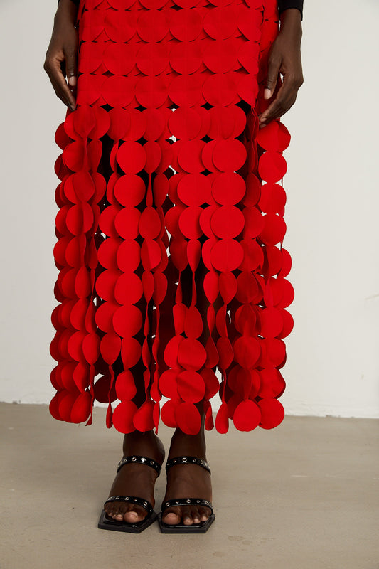 Hanna disc-design fringed maxi skirt in Red