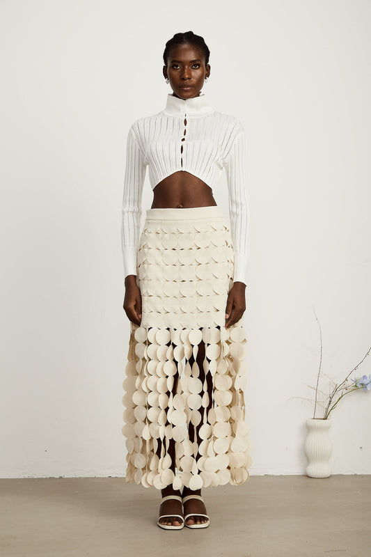 Hanna disc-design fringed maxi skirt in Neutrals