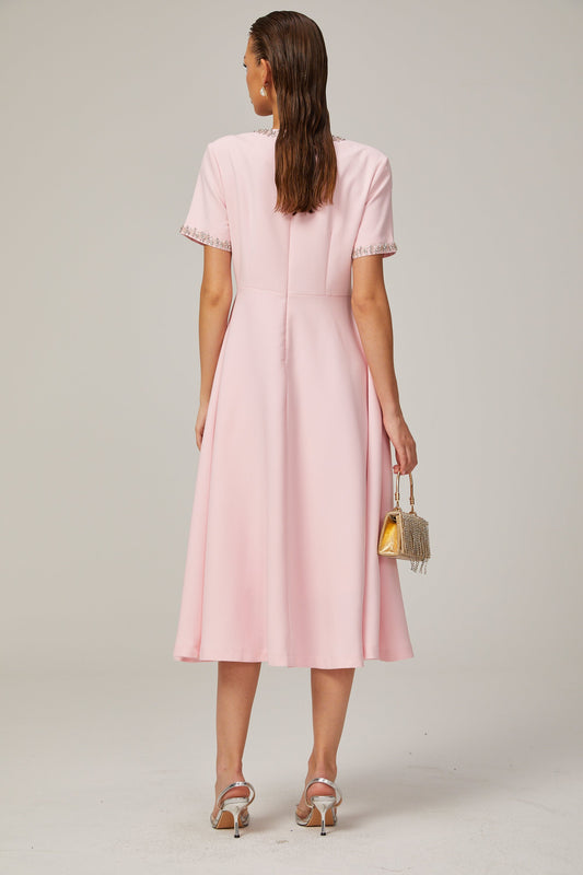 Cassiopeia crystal-accented pink bow midi dress