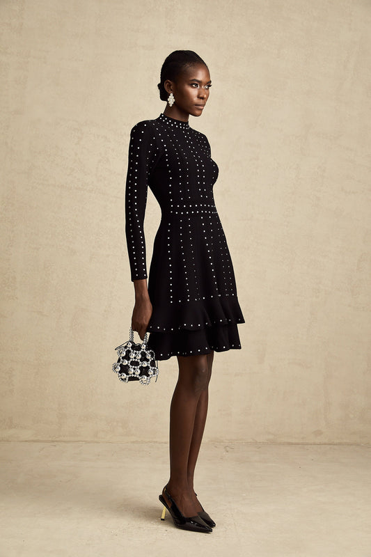 Fabienne Black Embellished Ruffled Knit Mini Dress